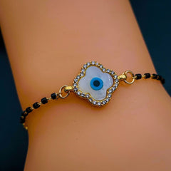 Clover Gold Evil Eye Cubic Zirconia Mother of Pearl Hand Mangalsutra Bracelet Women