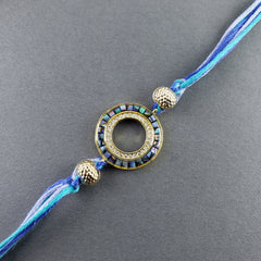 Round Gold Blue Cubic Zirconia Beads Thread Rakhi For Men