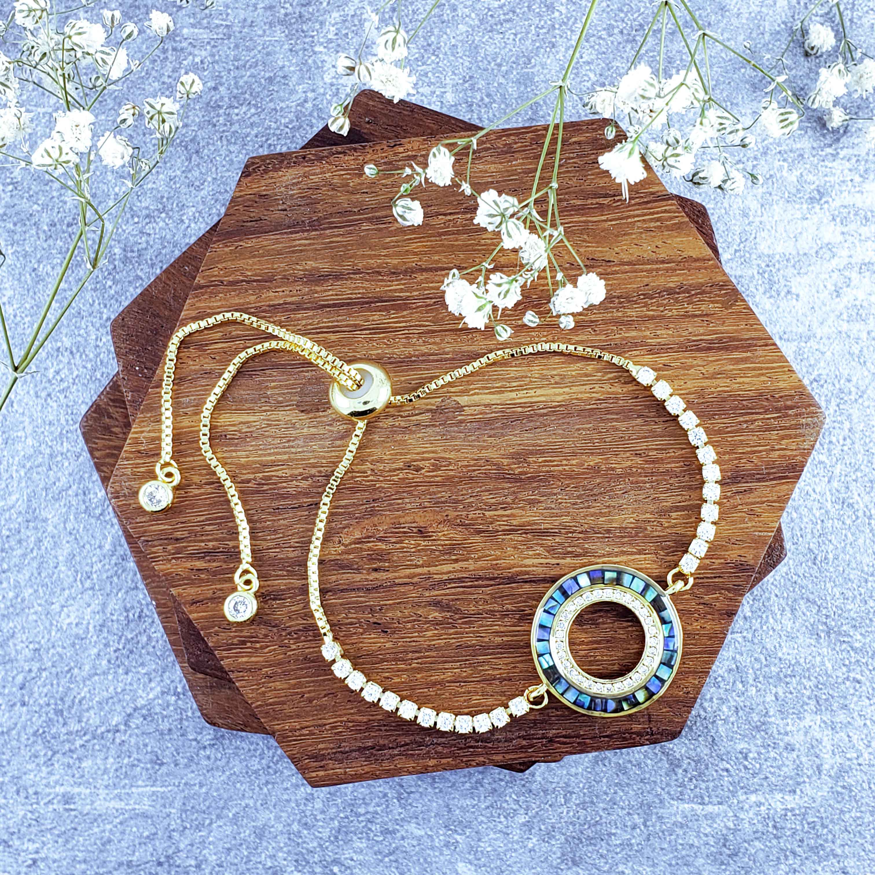 Round Gold Blue Cubic Zirconia Slider Adjustable Bracelet Women