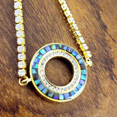 Round Gold Blue Cubic Zirconia Slider Adjustable Bracelet Women