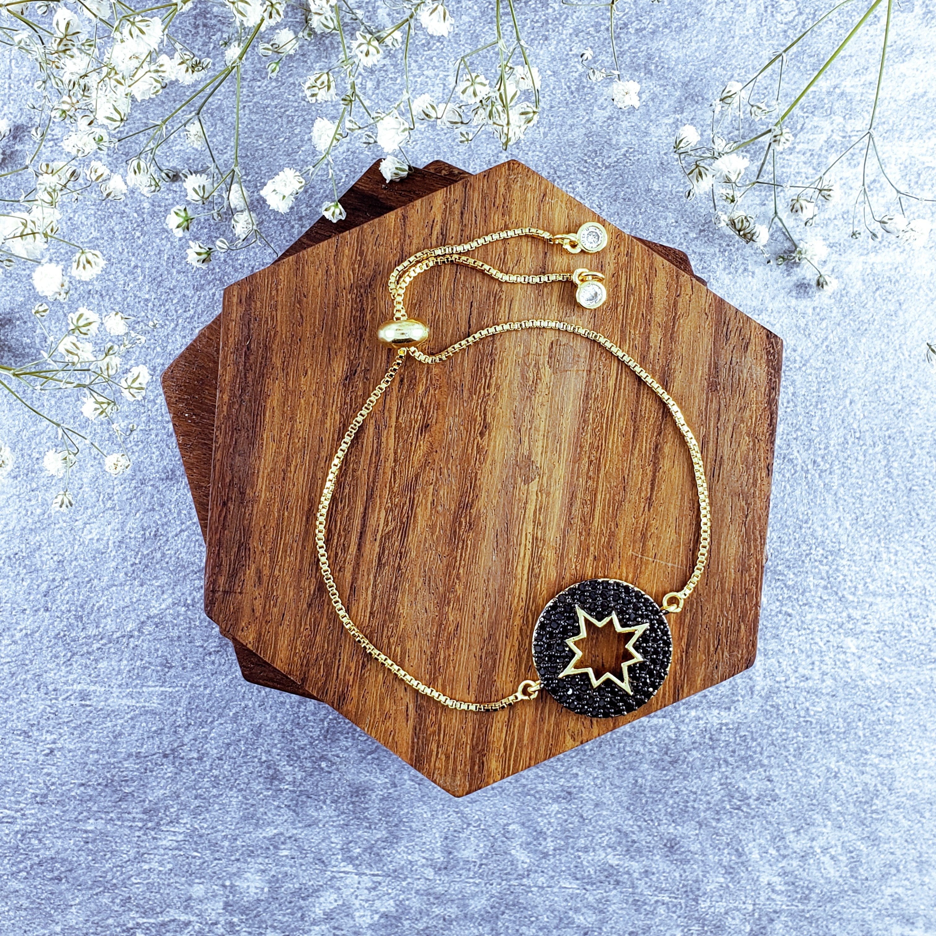 Round Star Black Crystal Slider Adjustable Bracelet For Men