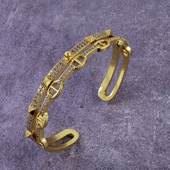 Stylish Gold Cubic Zirconia Copper Single Cuff Kada Bangle For Women