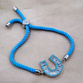 Horse Shoe Copper Blue Silver Cubic Zirconia Thread Slider Bracelet Women