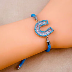 Horse Shoe Copper Blue Silver Cubic Zirconia Thread Slider Bracelet Women
