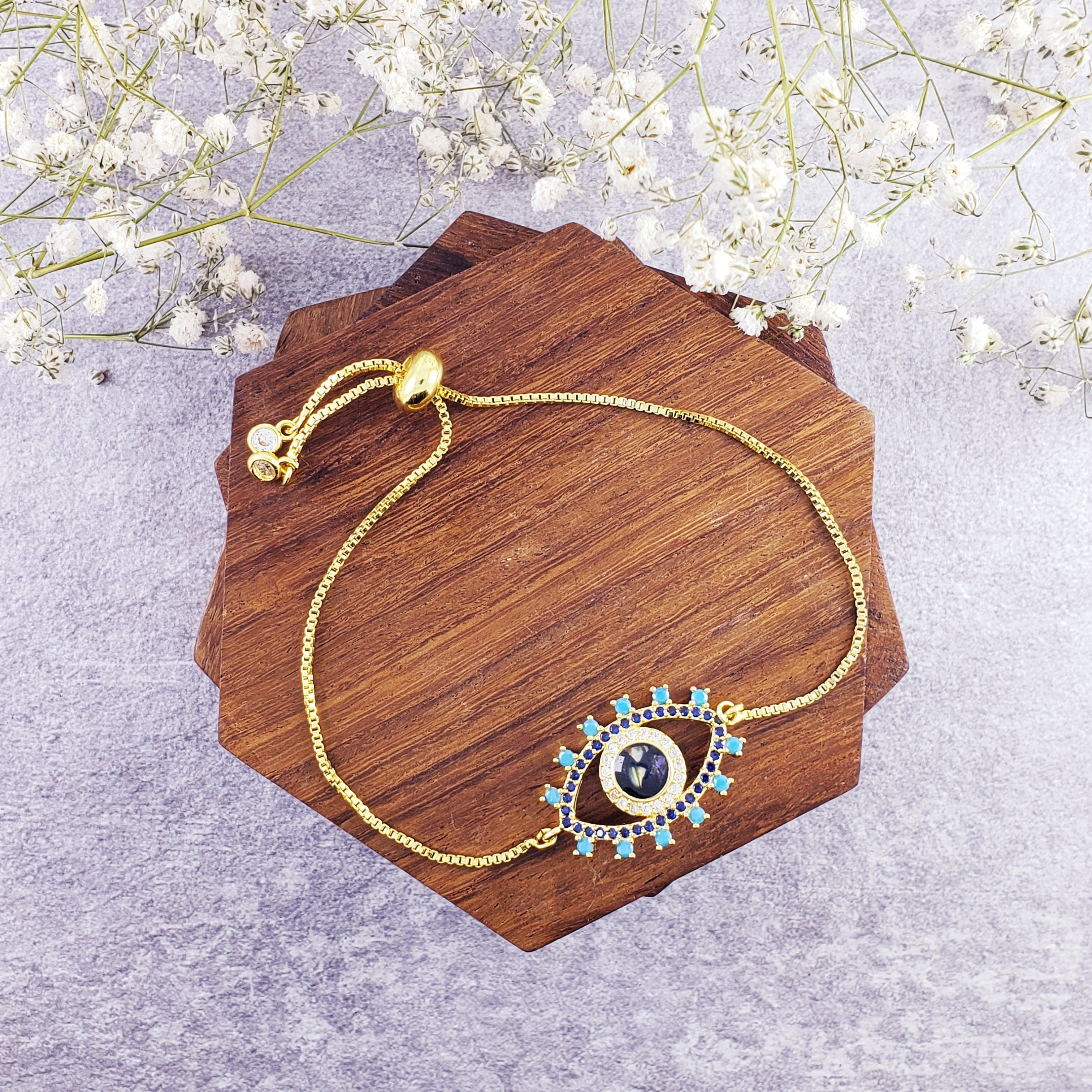 Evil Eye Blue Gold Cubic Zirconia Slider Adjustable Bracelet For Men