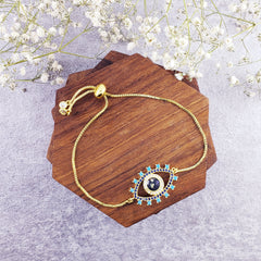 Evil Eye Blue Gold Cubic Zirconia Slider Adjustable Bracelet For Men