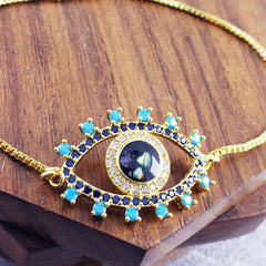 Evil Eye Blue Gold Cubic Zirconia Slider Adjustable Bracelet For Men
