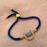 Horse Shoe Evil eye Copper Blue Gold Cubic Zirconia Slider Bracelet Women