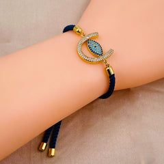 Horse Shoe Evil eye Copper Blue Gold Cubic Zirconia Slider Bracelet Women