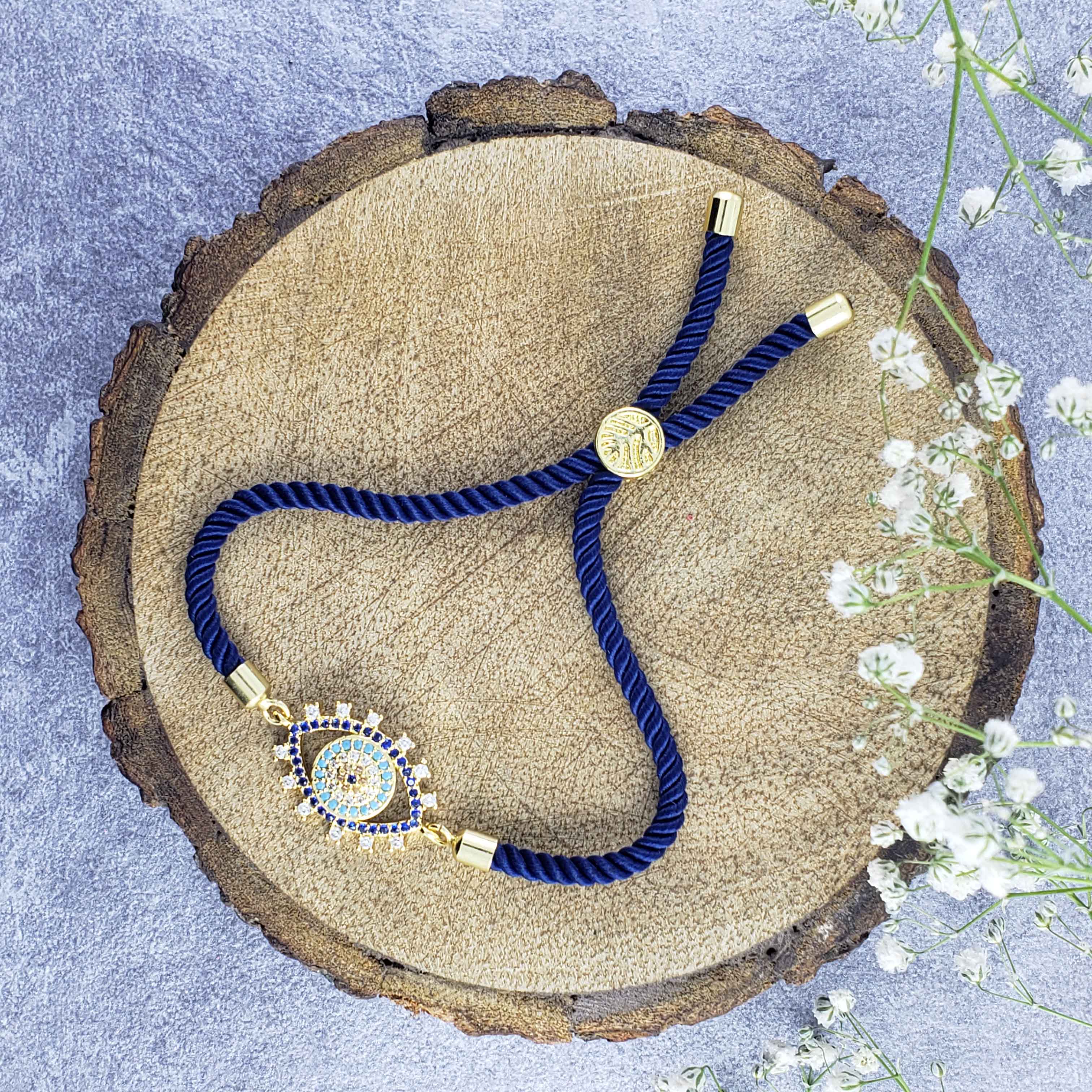 Evil Eye American Diamond Gold Blue Thread Bracelet For Women
