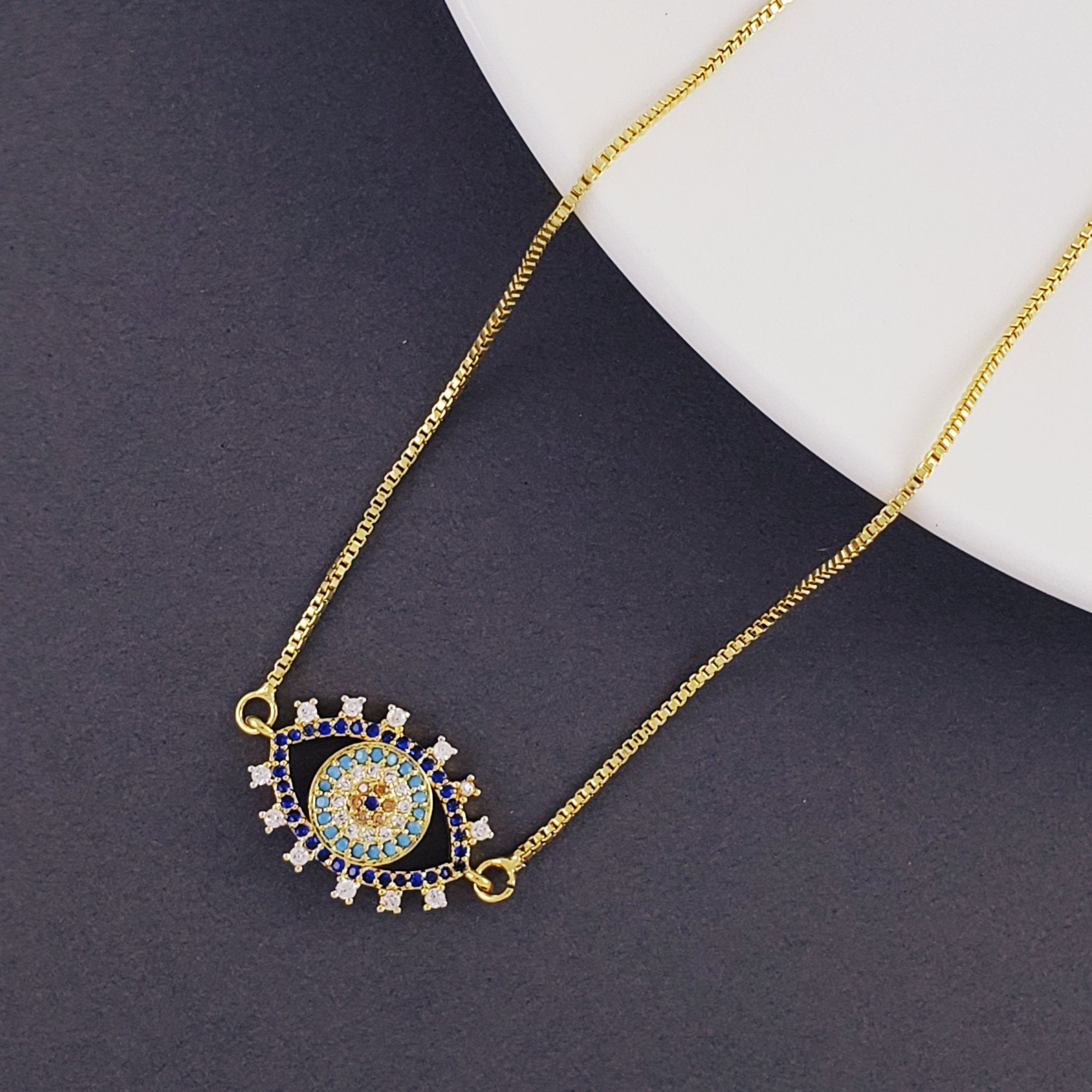 Evil Eye Eyelash Gold Blue Copper Necklace Pendant Chain For Women