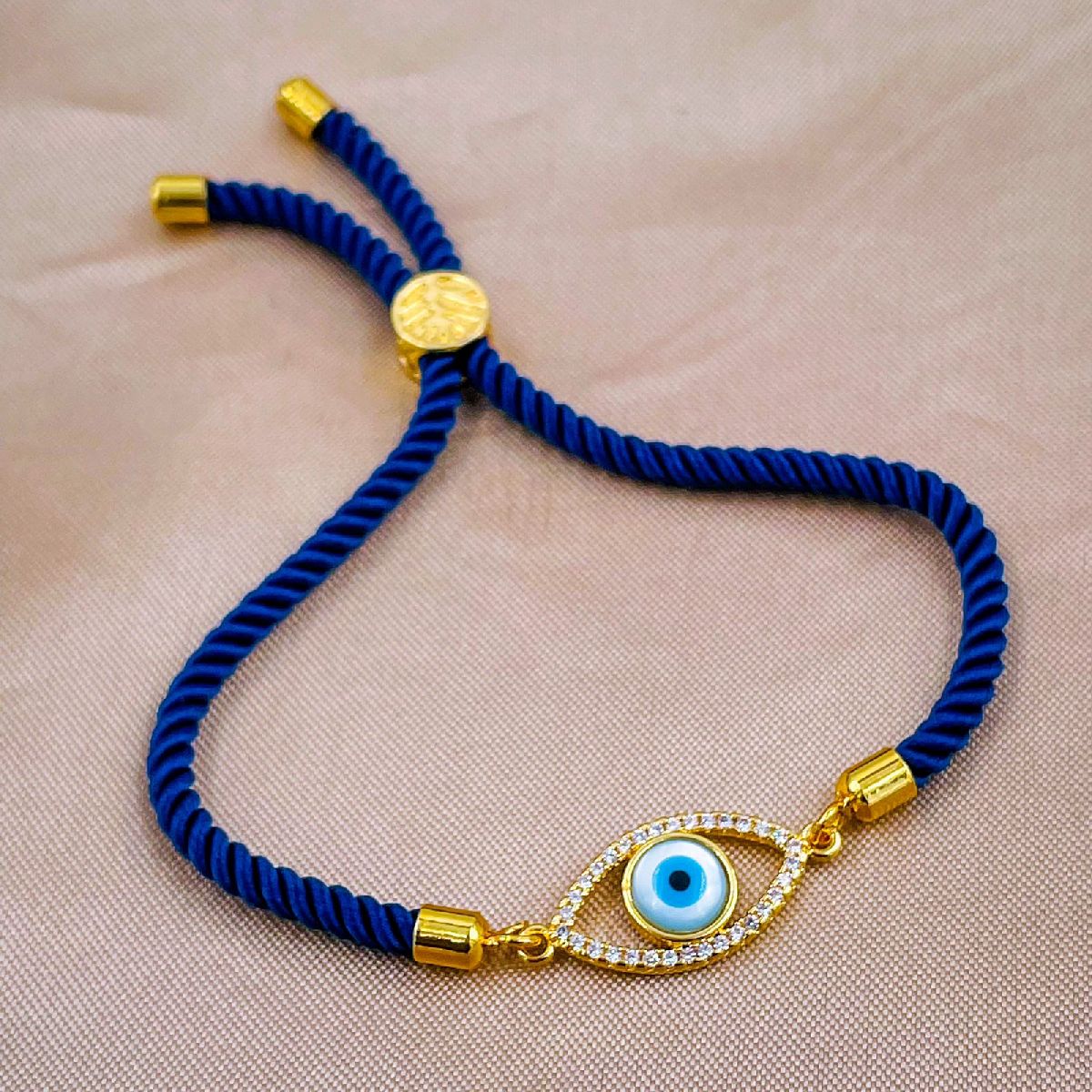 Evil eye Copper Gold Blue Cubic Zirconia Thread Slider Bracelet Women