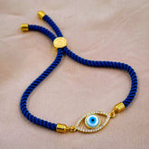 Evil eye Copper Gold Blue Cubic Zirconia Thread Slider Bracelet Women