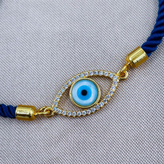 Evil eye Copper Gold Blue Cubic Zirconia Thread Slider Bracelet Women