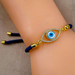 Evil eye Copper Gold Blue Cubic Zirconia Thread Slider Bracelet Women