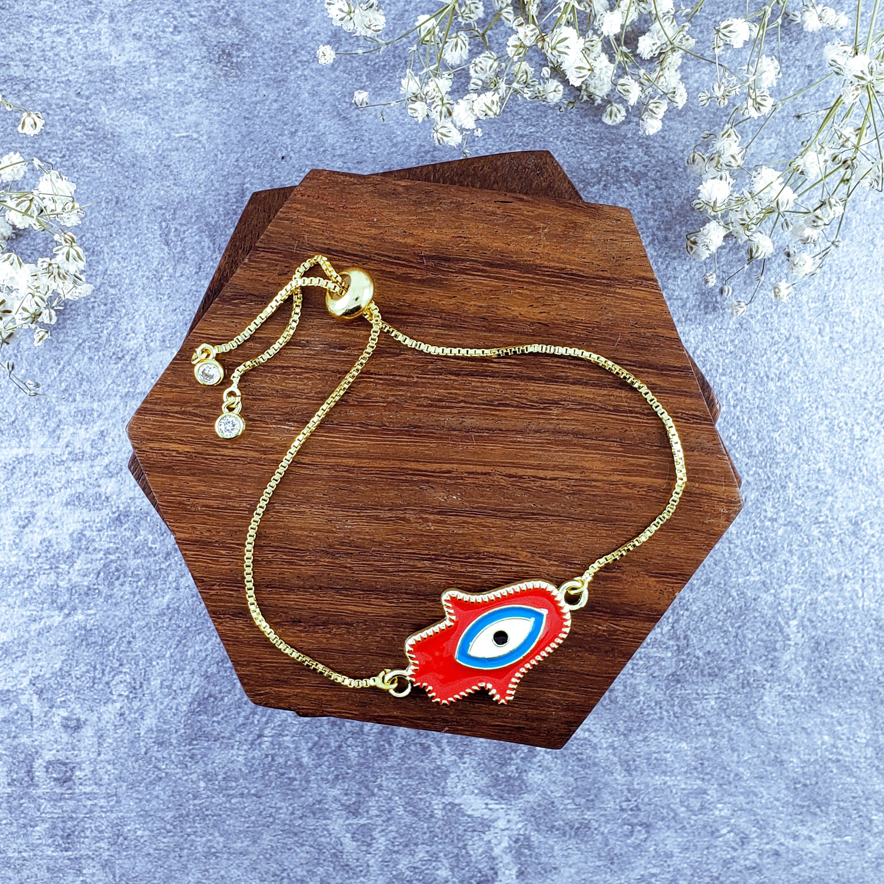 Hamsa Evil Eye Red Gold Enamel Slider Adjustable Bracelet For Men