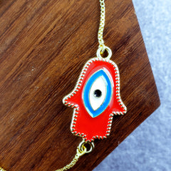 Hamsa Evil Eye Red Gold Enamel Slider Adjustable Bracelet For Men