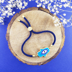 Hamsa Evil Eye Blue Gold Enamel Slider Adjustable Thread Bracelet For Men