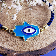 Hamsa Evil Eye Blue Gold Enamel Slider Adjustable Thread Bracelet For Men