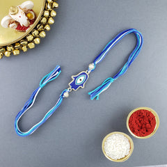 Hamsa Evil Eye Enamel Blue White Gold Thread Rakhi For Men