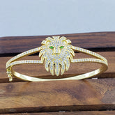 Loin Head Green Crystal Cubic Zirconia Openable Cuff Kada Bangle For Women