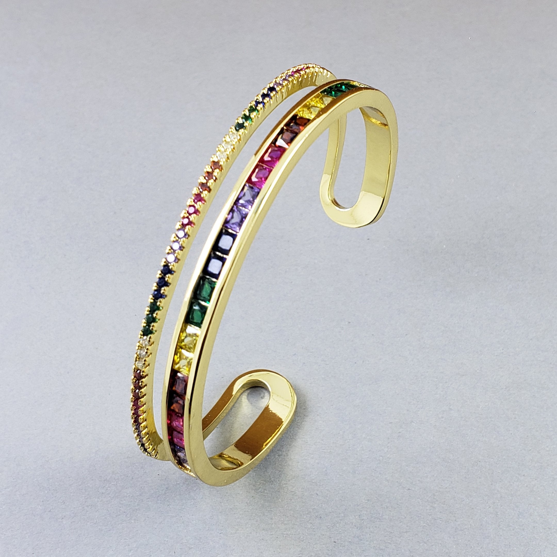Rainbow American Diamond Crystal Gold Cuff Kada Bangle For Women