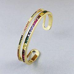 Rainbow American Diamond Crystal Gold Cuff Kada Bangle For Women