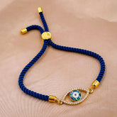Evil eye Copper Gold Blue Cubic Zirconia Thread Slider Bracelet Women