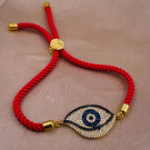 Leaf Evil eye Copper Gold Red Cubic Zirconia Thread Slider Bracelet Women
