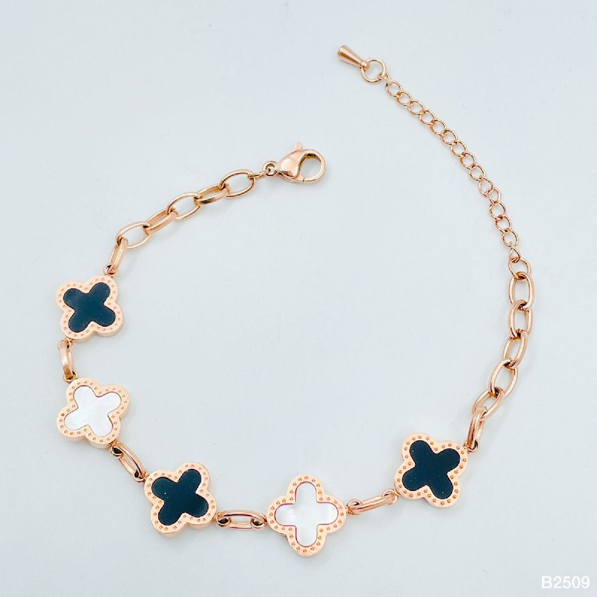 Clover Rose Gold Black White Stainless Steel Bracelet For Women