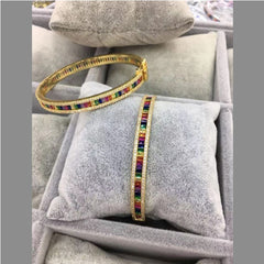 Copper Cubic Zirconia Crystal Rainbow Baguette Cuff Kada Bangle For Women