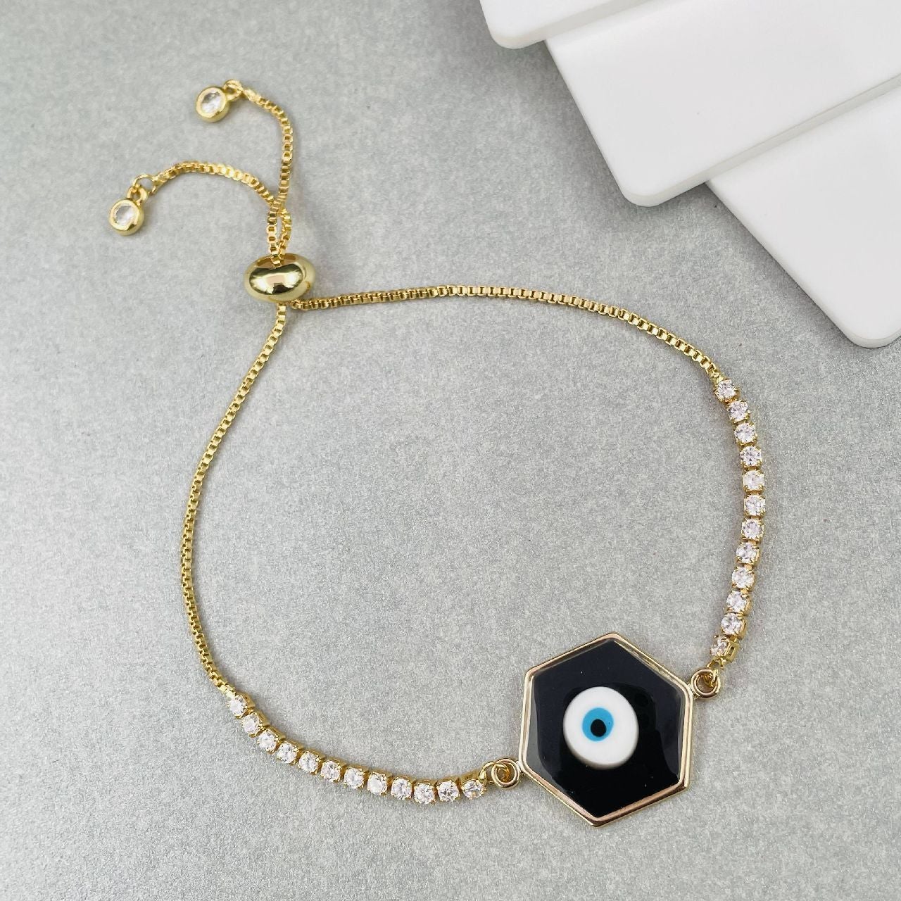 Enamel Black Gold Evil Eye Hexagon Charms Slider Bracelet Girls