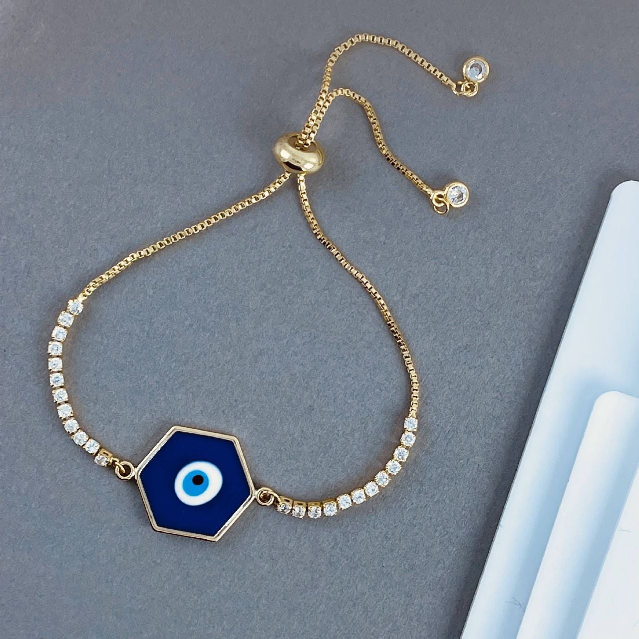 Cz Blue White Gold Evil Eye Hexagon Charms Slider Bracelet Girls