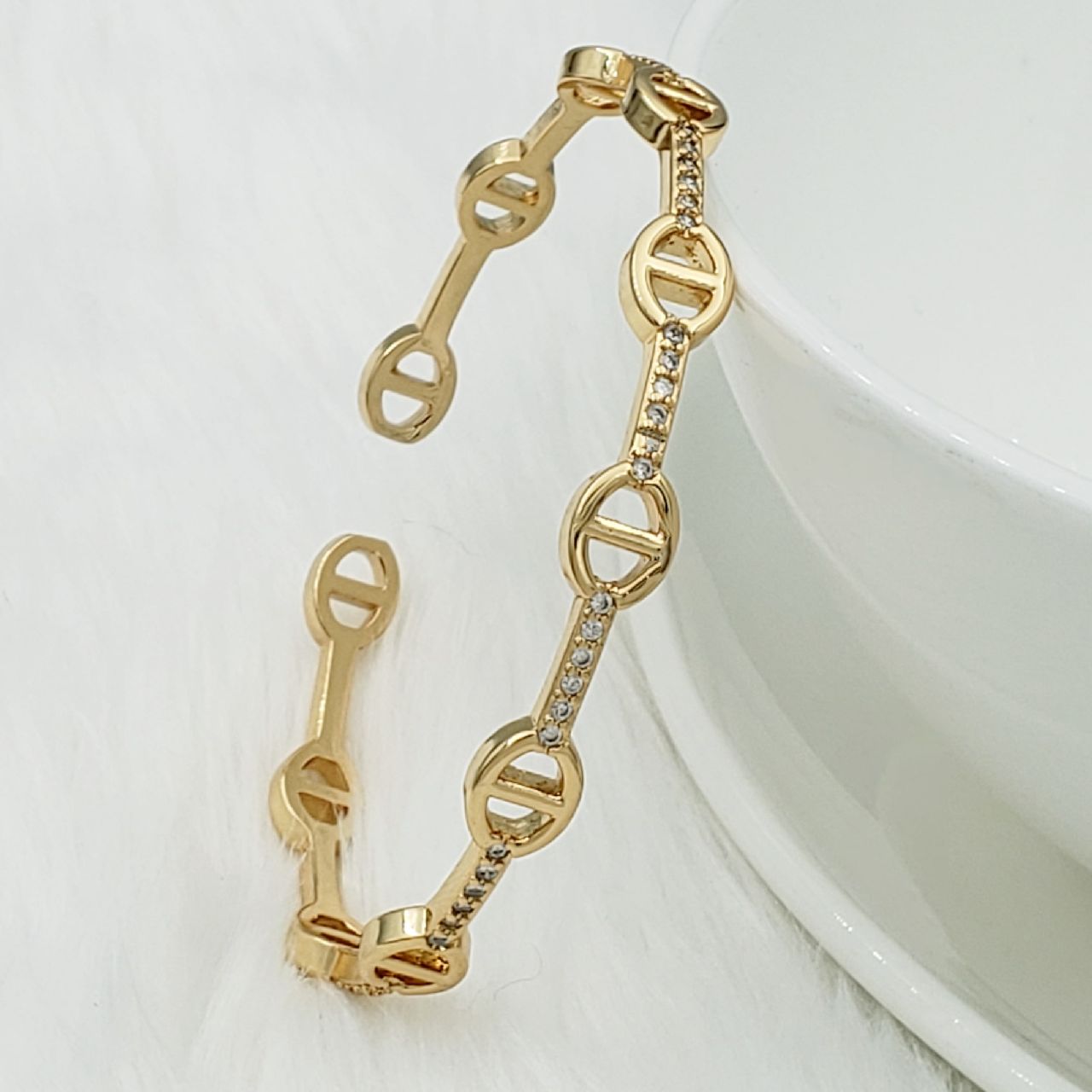 Stylish Oval Gold Copper American Diamonds Cuff Kada Bangle Women