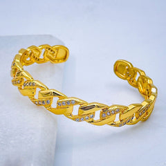 Copper Classic Curb Half Studded Cubic Zirconia 18K Gold Cuff Kada Bangle Women