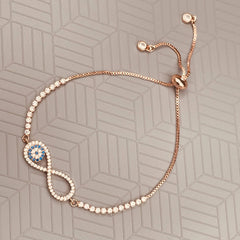 Copper American Diamonds Crystal Pink Rose Gold Evil Eye Infinity Charms Slider Adjustable Bracelet For Women Girls