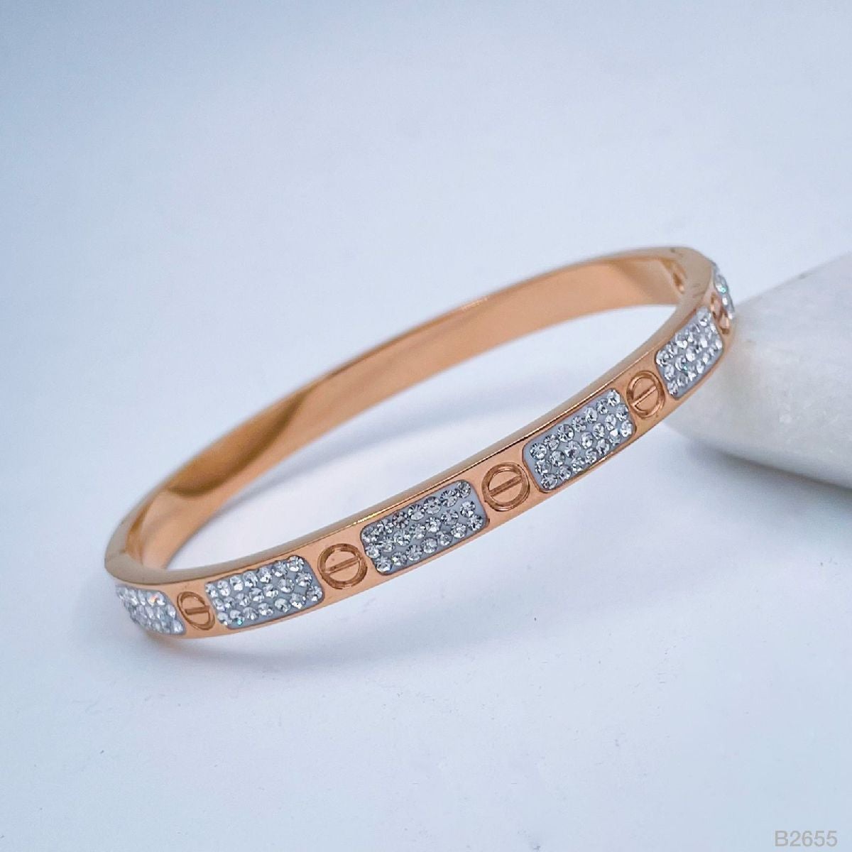 Stainless Steel Cubic Zirconia Rose Gold Screw bangle Cuff Kada Women