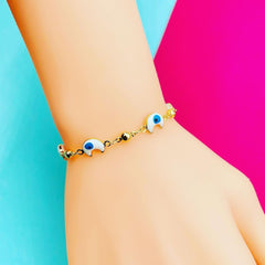 Copper Enamel Evil Eye White Blue Crescent Moon Bracelet For Women