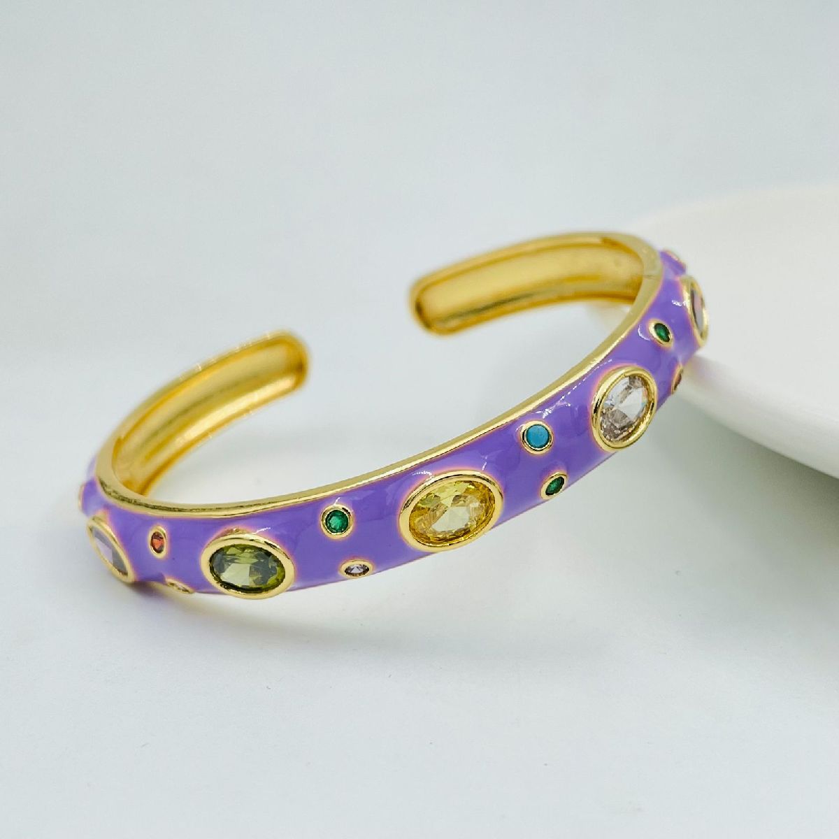 Copper Enamel Purple Gold Gemstone Crystal Bangle Kada Cuff For Women