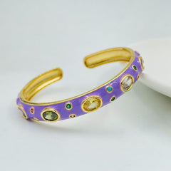 Copper Enamel Purple Gold Gemstone Crystal Bangle Kada Cuff For Women