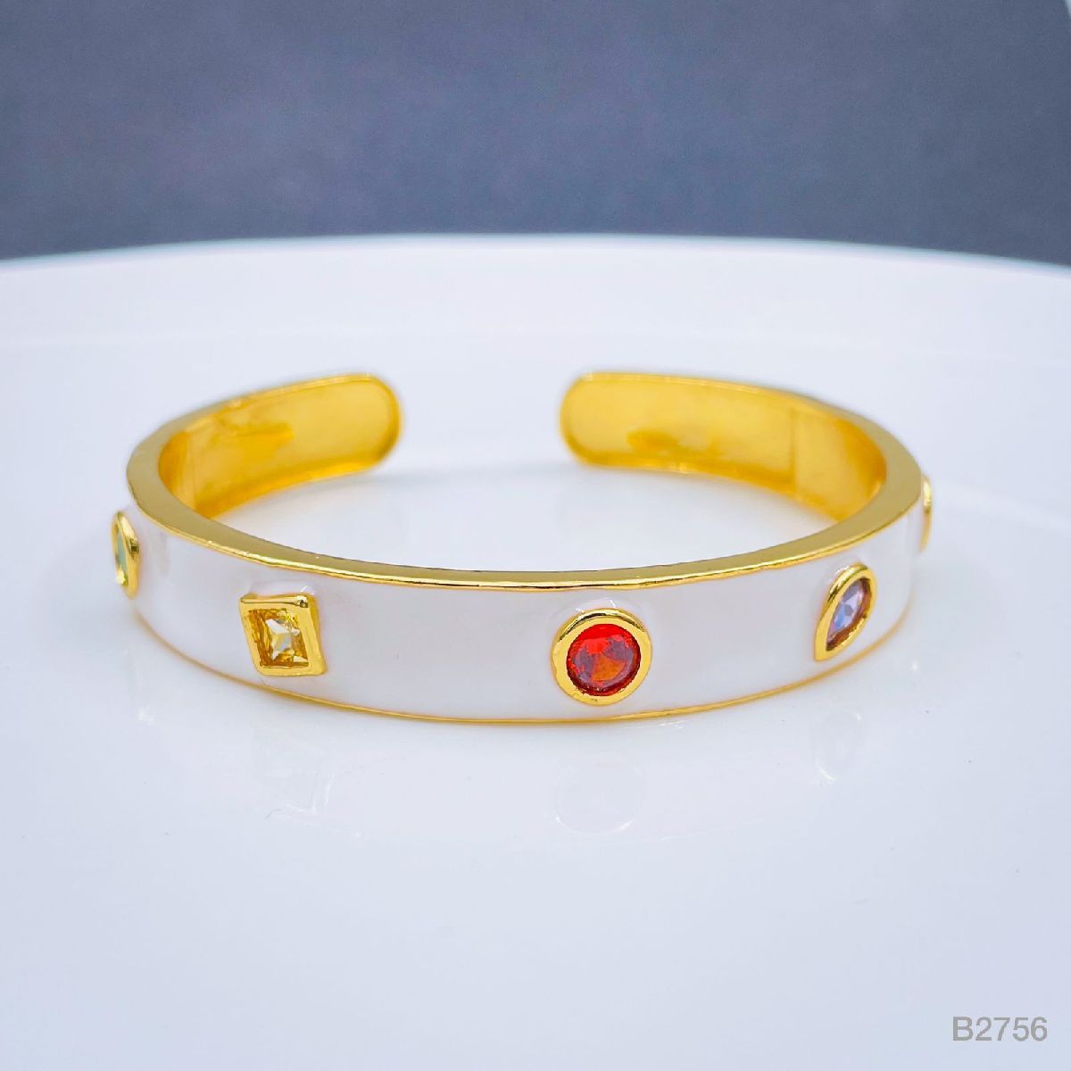 Copper Enamel Gemstone Crystal White Gold Bangle Kada Cuff Women