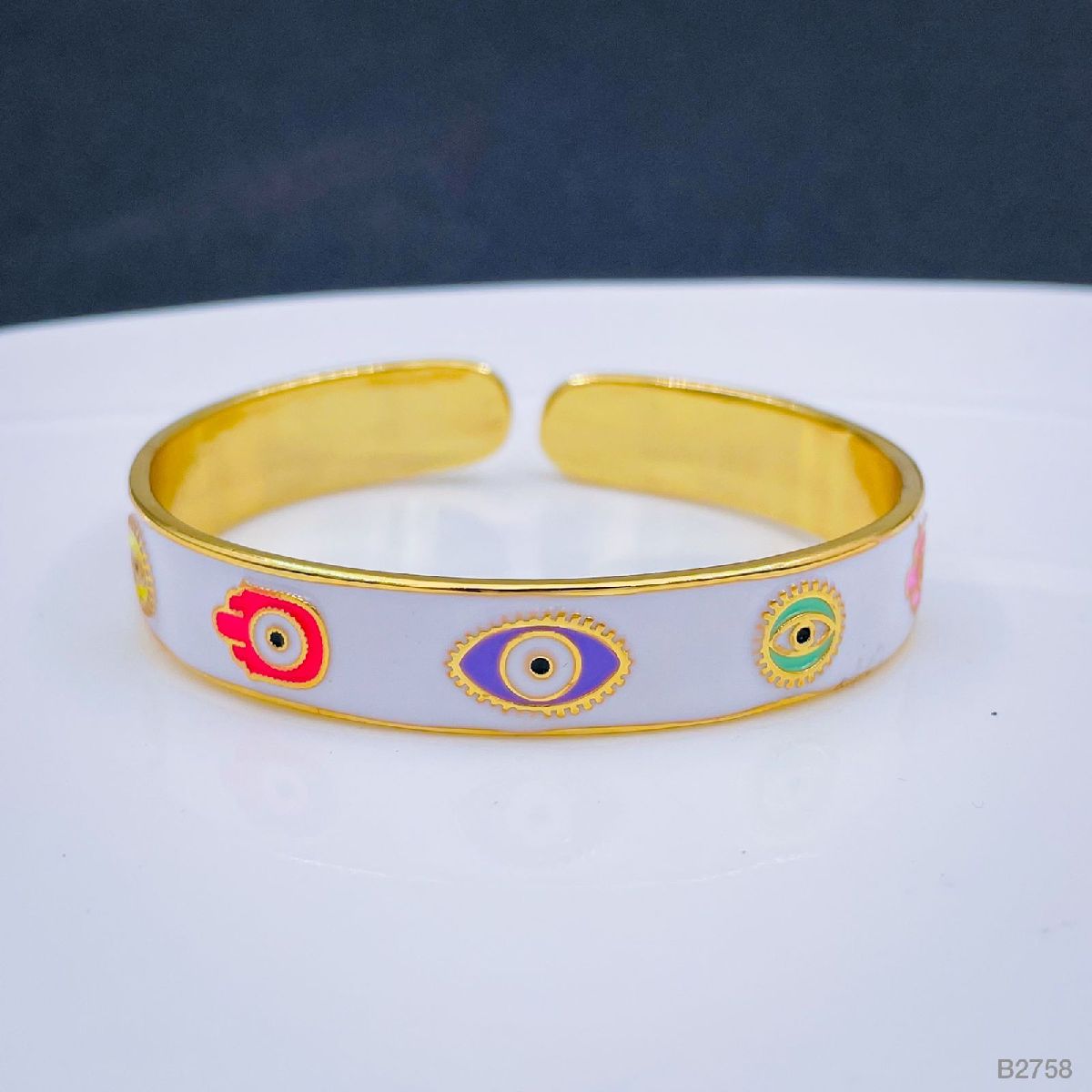Copper Enamel White Gold Evil Eye Bangle Kada Cuff Adjustable