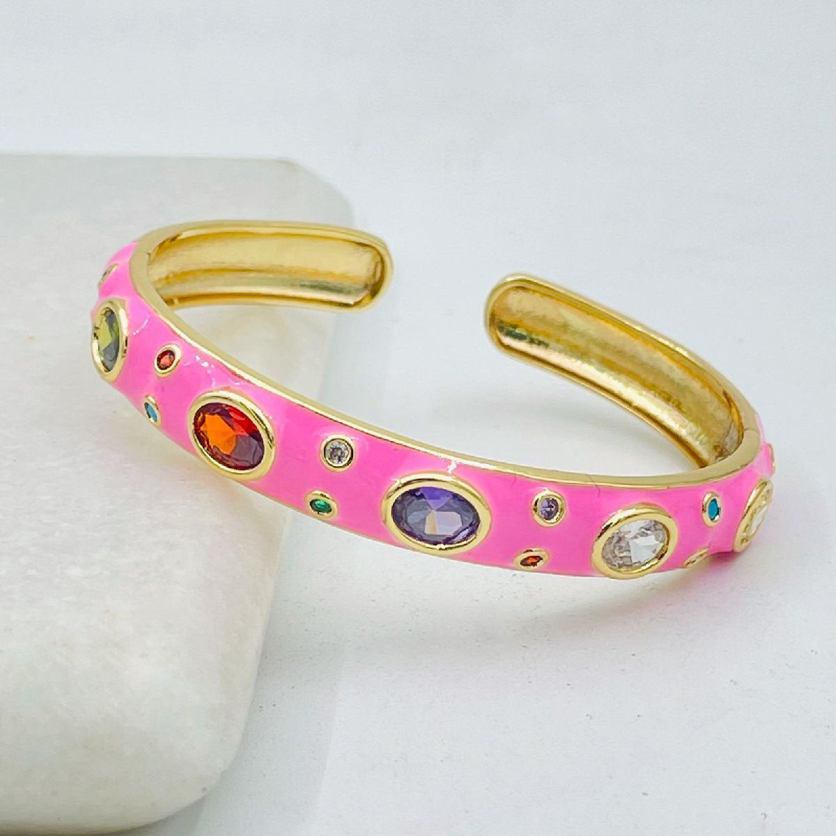 Copper Neon Pop Pink Enamel Multi Stones Gold Cuff Kada Bangle