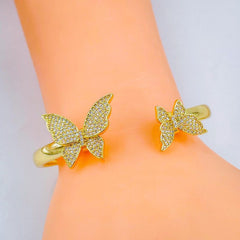 Twin Butterfly Cubic Zirconia 18K Gold Copper Bangle Kada Cuff Women