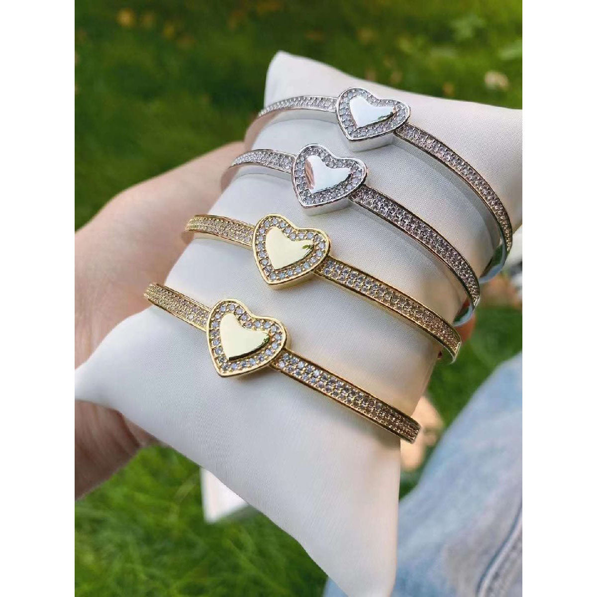 Copper Cubic Zirconia Heart Gold Openable Bangle Cuff For Women