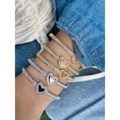 Copper Cubic Zirconia Heart Gold Openable Bangle Cuff For Women
