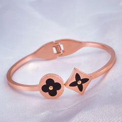 Stainless Steel Rose Gold Black Clover Flower Bangle Kada For Women
