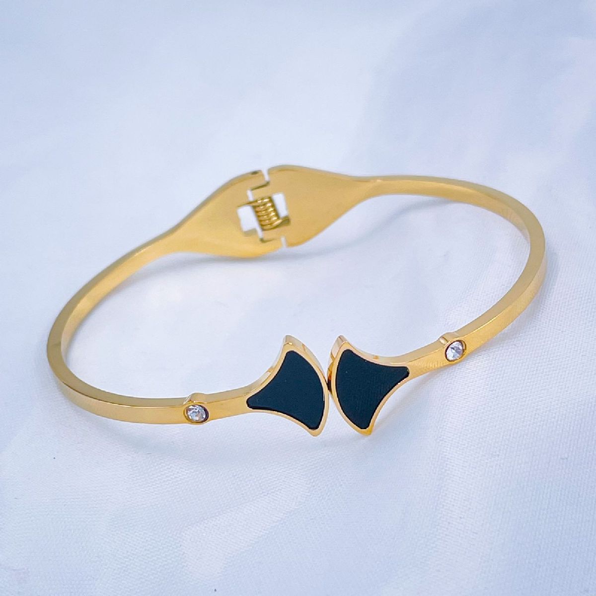 Stainless Steel Gold Black Cubic Zirconia Openable Bangle Kada Women