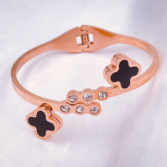 Clover Stainless Steel Black Rose Gold Cubic Zirconia Bangle Kada