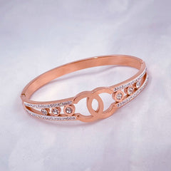 Stylish Stainless Steel Rose Gold Cubic Zirconia Openable Bangle Kada